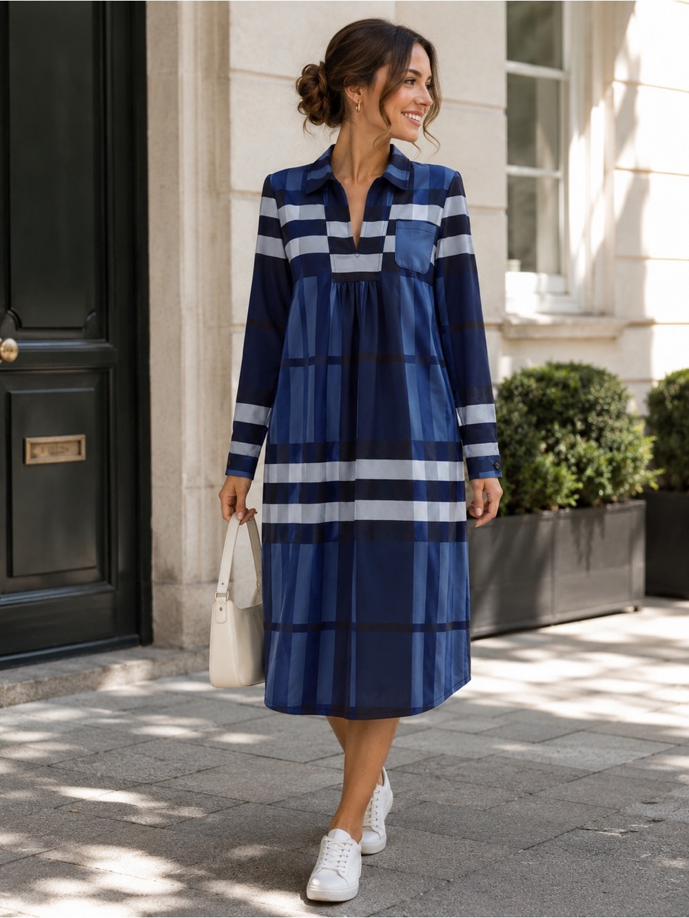 Women's Navy Plaid Long-Sleeve Shirt Dress